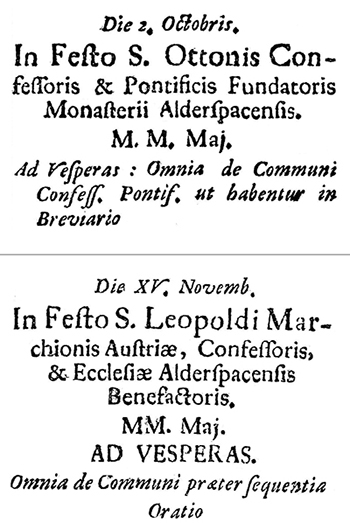 Appendix festorum extra-ordinariorum (1739): Festformulare für die Heiligen Otto und Leopold. Bild: © Bibliothek der LMU München, W 4 Liturg. 197.