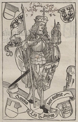 Der hl. Markgraf Leopold dargestellt in der Inkunabel 'Johannes Franciscus de Pavinis: Defensorium canonizationis sancti Leopoldi'. Gedruckt von Johann Petri, Passau ca. 1491 (BSB München 4 Inc.s.a. 1408). Autographer Eintrag des Aldersbacher Novizen Caspar Mayr aus dem Jahr 1582.