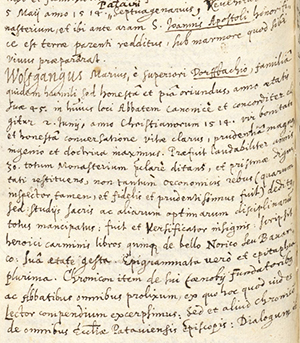 Eintrag für Abt Wolfgang Marius im Autografen von Gasparius Bruschius, © Österreichische Nationalbibliothek Cod. 8869