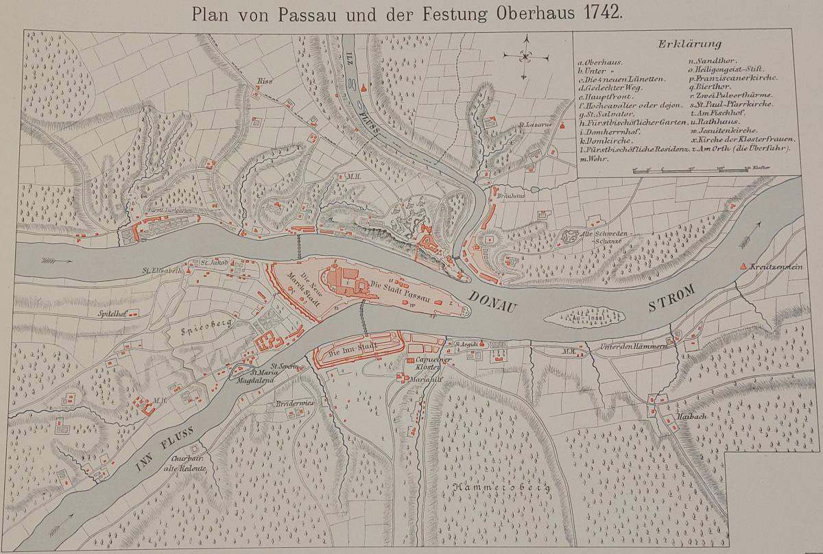 Plan von Passau und der Festung Oberhaus 1742