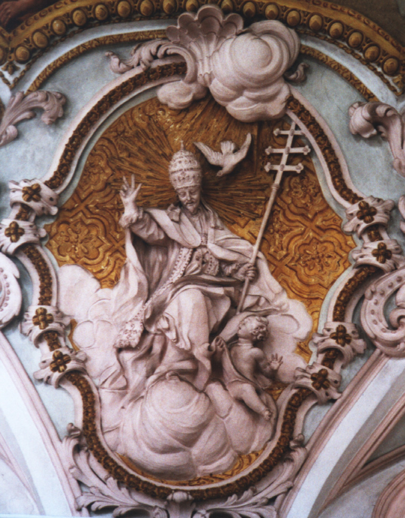Kirchenlehrer flankieren Himmelfahrtsfresko: Papst Gregor der Große